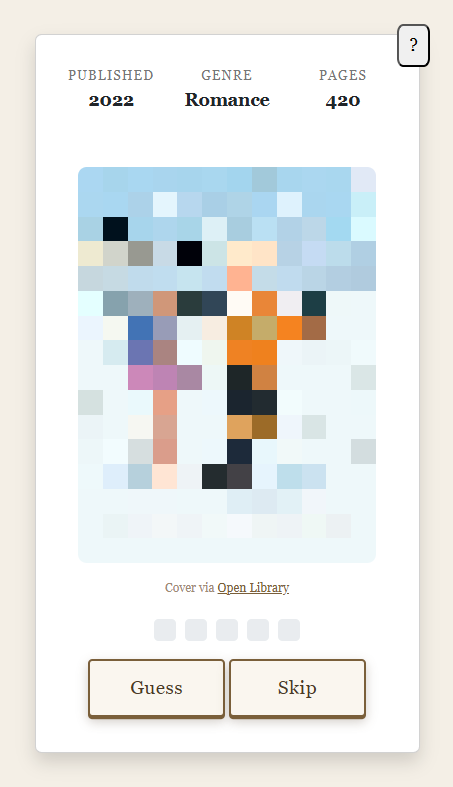 Pixelated book cover with guess and skip buttons